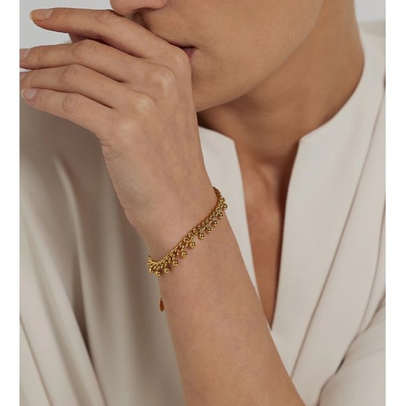 18k Gold Double Chain Bracelet with Dangling Beads - Picture 3 of 9